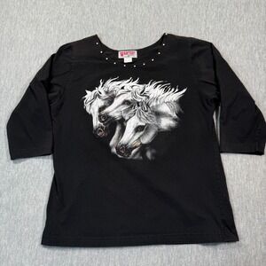 Wanted Shirt Women S Black 3/4 Sleeve‎ Horse Graphic Studded Neck USA